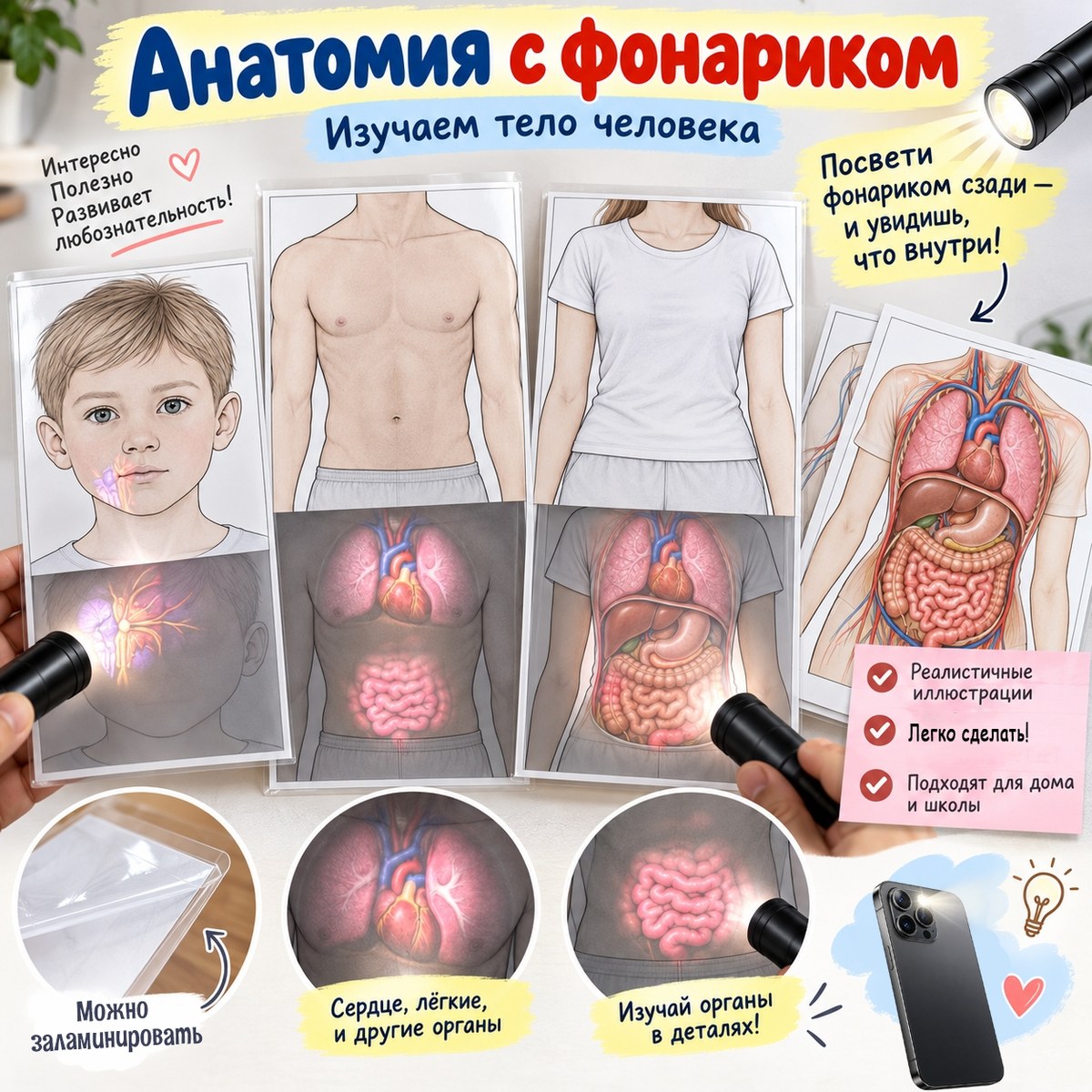 Анатомия с фонариком / Листы-органы для опытов со светом — PDF-пособие для детсада