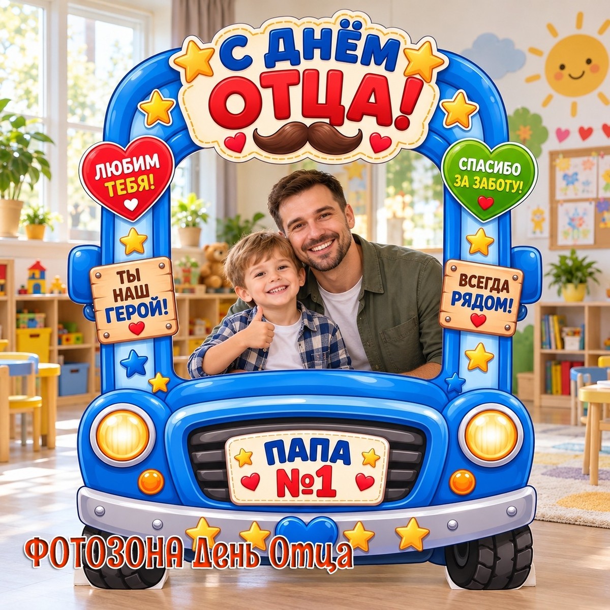Машина-фотозона на День отца / Рамка с проёмом для фото — PDF-пособие для детсада