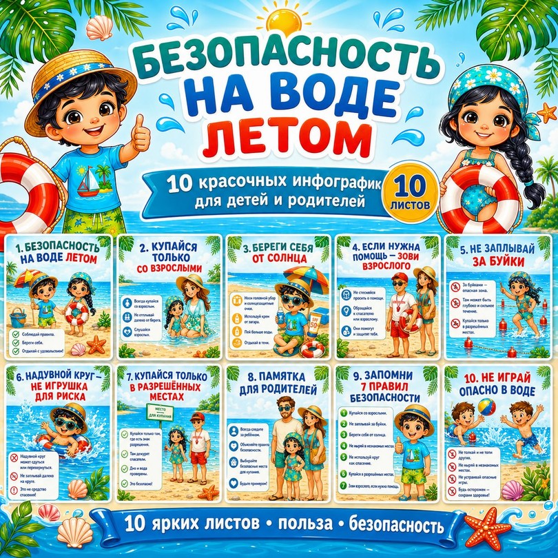 Инфографика «Безопасность на воде» — 10 плакатов для детей — PDF-пособие для детсада