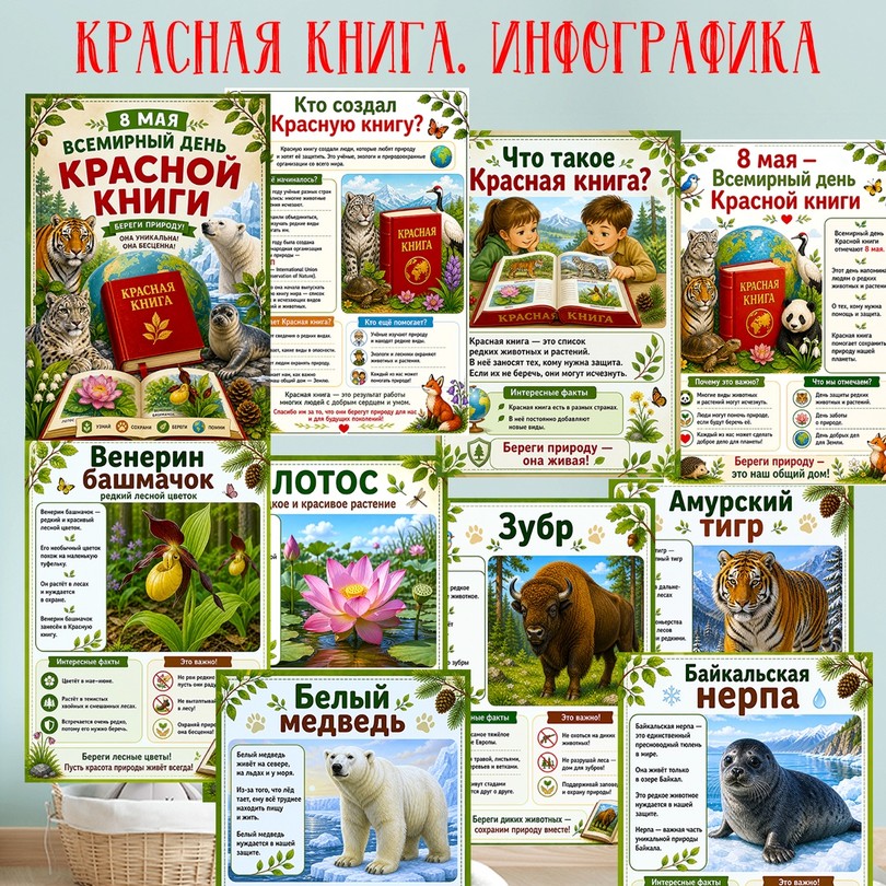 Инфографика «Красная книга» — 8 мая для детей — PDF-пособие для детсада