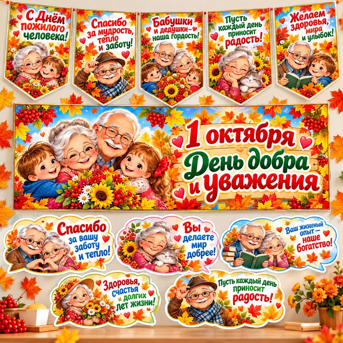Комплект оформления ко Дню пожилого человека / Два баннера, 11 флажков и 8 облачков — PDF-пособие для детсада