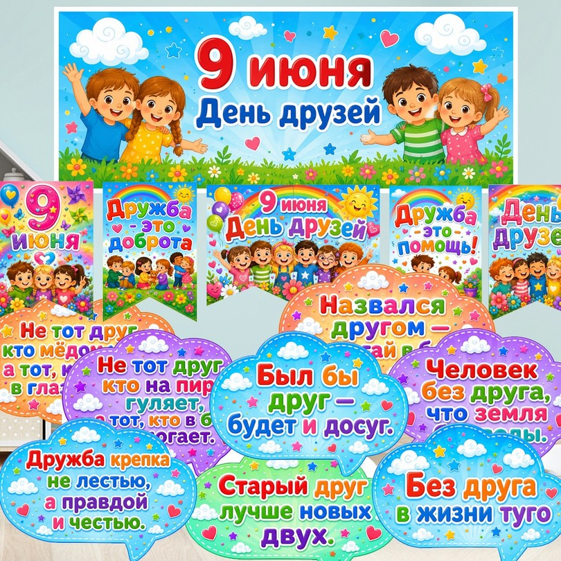 Оформление на День друзей — баннер, флажки, облачка — PDF-пособие для детсада