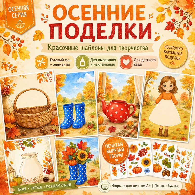 Осенние поделки — готовый фон и элементы для аппликации в детском саду — PDF-пособие для детсада