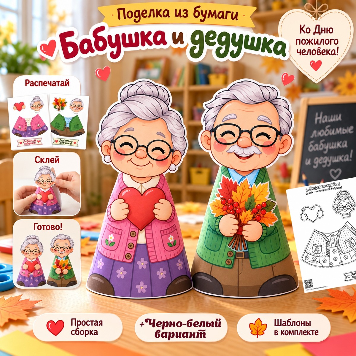 Поделка ко Дню пожилого человека / Бабушка и дедушка из бумаги, цветной и чёрно-белый вариант